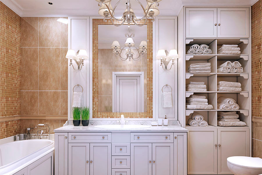 bathroom with chandelier and sconce lighting for mirror