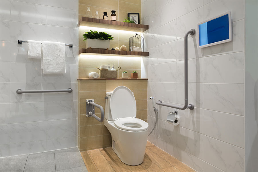 bathroom design with toilet and safety grab bars